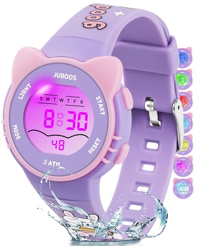 Detalle de Juboos Montre Enfant avec Bracelet Imprimé et 7 Lumières Colorées – Étanche, LED et Oreilles de Chat