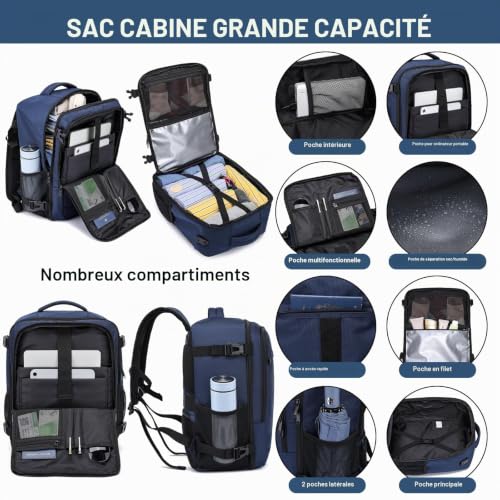 Thumbnail 3 de Bagage Cabine 40x30x20 PUSLOM – Sac à dos cabine avion avec USB, 24 L, bleu