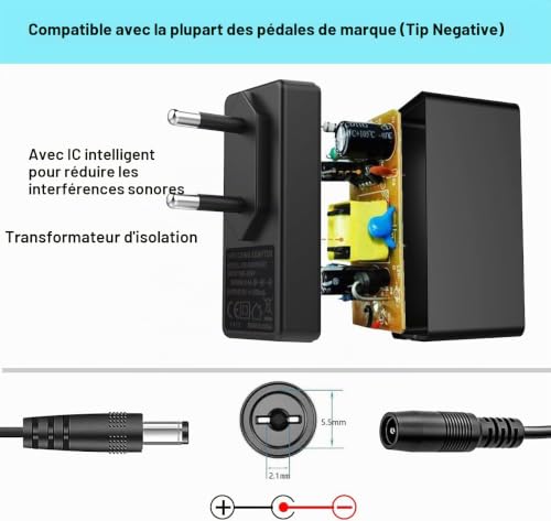 Thumbnail 2 de JOYO Alimentation Secteur 9V DC pour Pédales (800mA–1A) avec 4 câbles Daisy Chain – Compatible majorité de pédales (pointe négative)