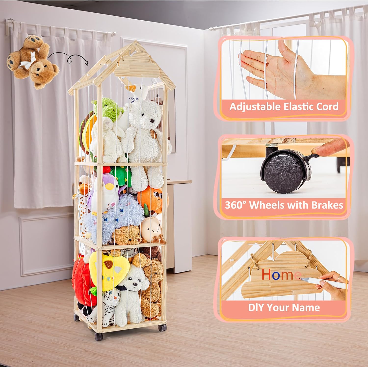 Detalle de Holz Kuscheltier Aufbewahrung mit 360°-Bremse-Rädern (150 x 40 x 40 cm) – Plüschtiere Regal für Kinderzimmer