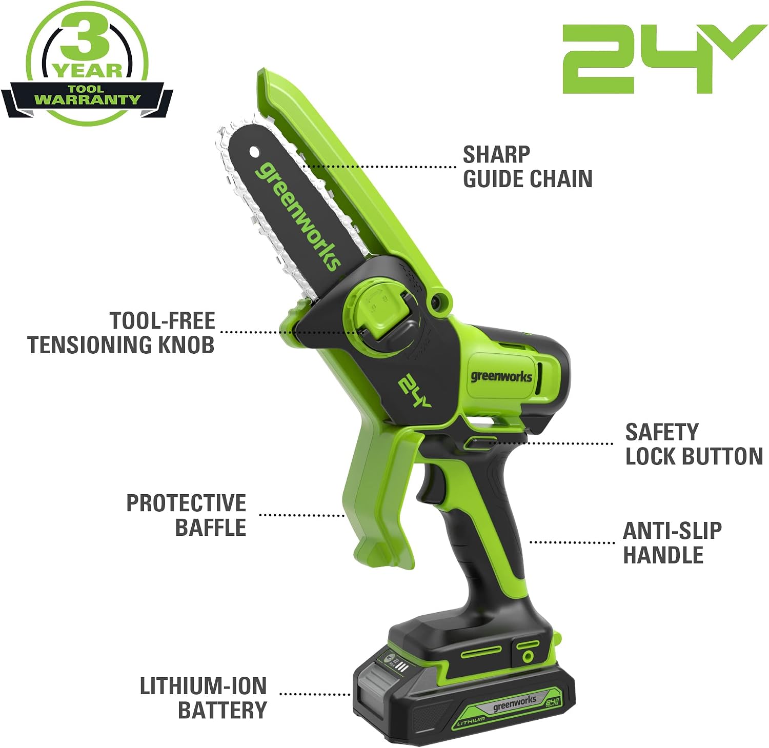Detalle 2 de Greenworks 24V Mini Chainsaw 4 Inch, 2Ah