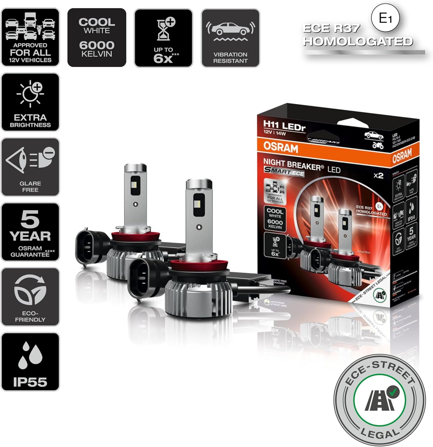 Thumbnail 1 de OSRAM NIGHT BREAKER LED SMART ECE H11 (12 V) – lampe LED de remplacement homologuée ECE R37