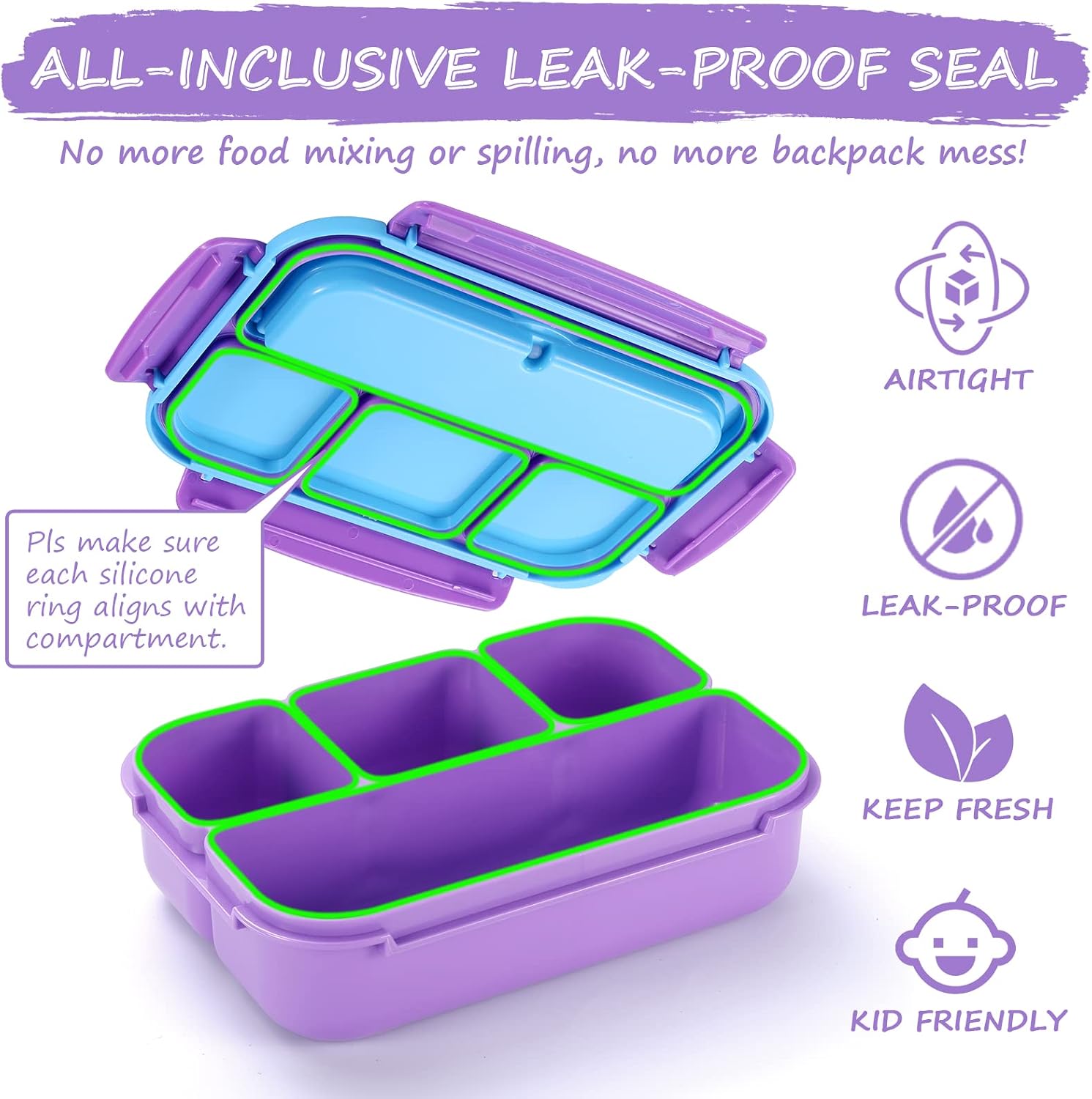 Detalle de QQKO Bento Lunch Box for Kids — 4-Compartment Lunch Container with Accessories, Purple