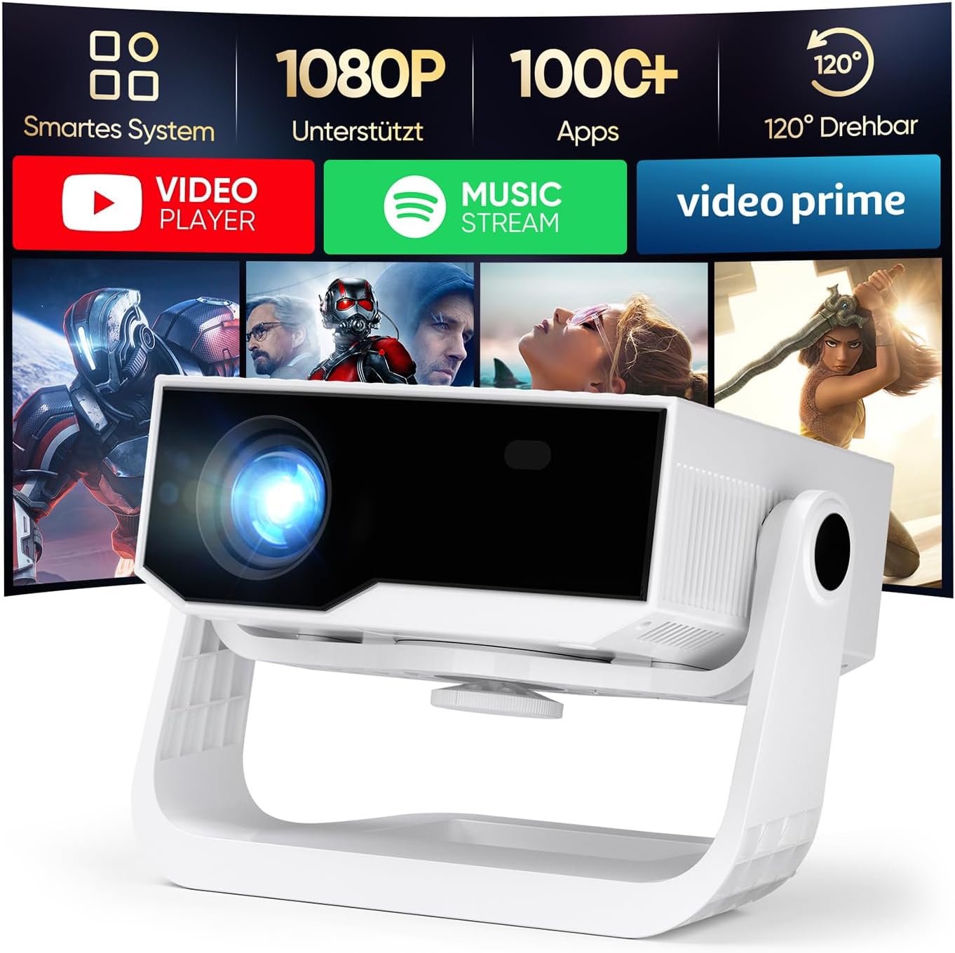 Detalle de Wielio Smart Beamer – kompakter Heimkino-Beamer mit integrierter App, 4K-Unterstützung und flexiblem Ständer
