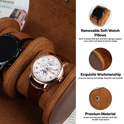 Detalle de RoYiio Caja de Reloj Cilíndrica con 2 Ranuras – Estuche de viaje luxe en Marrón para relojes