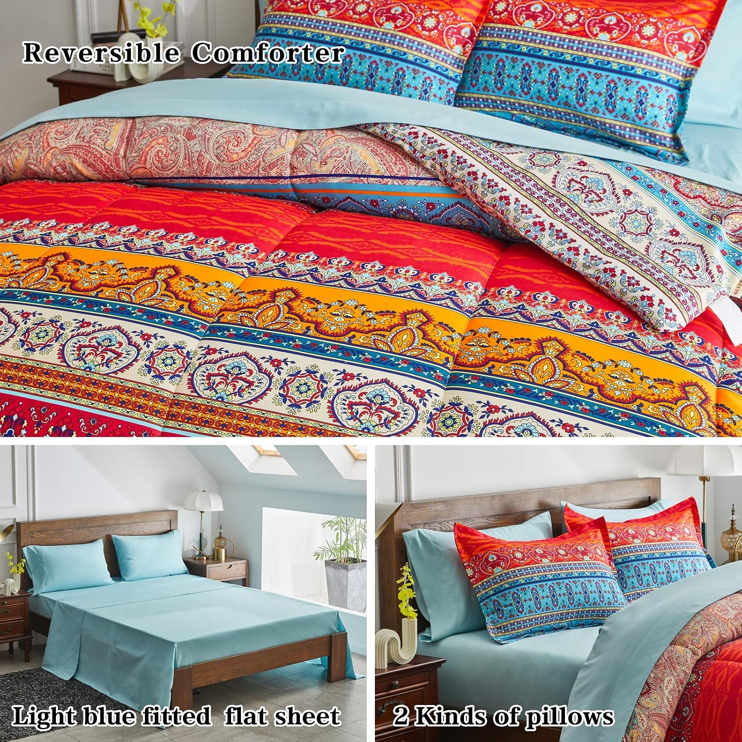 Detalle 2 de Flysheep 1 Boho Striped Queen Bed-in-a-Bag Set, Reversible Microfiber
