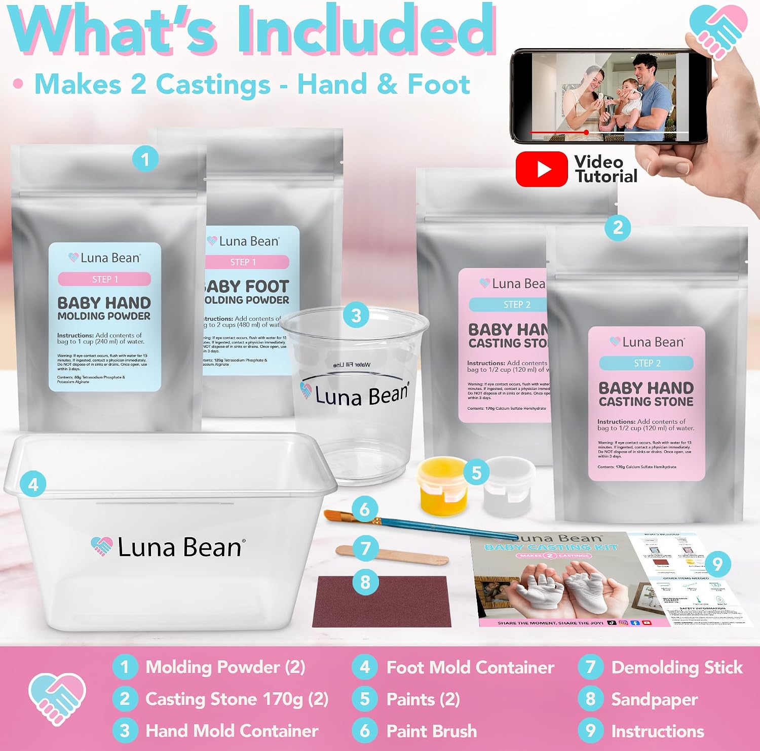 Detalle 2 de Luna Bean ベビーキャスティングキット 手形・足形用モールド各1個入り、パール・ゴールド塗料付き