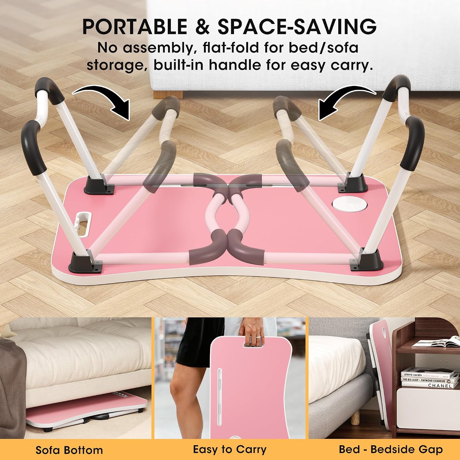 Detalle de Frpufi LD002 Folding Lap Desk, 23.6-Inch Wood Bed Table with Cup Holder, Pink