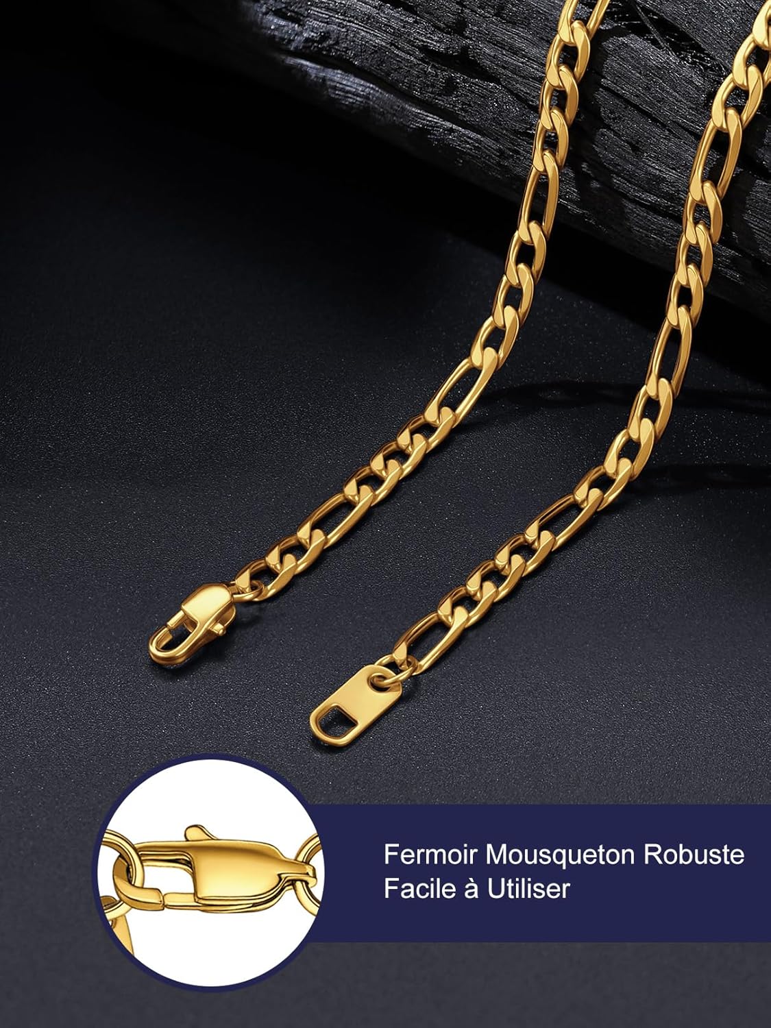 Detalle de Chaîne Figaro Bandmax acier inoxydable 316L & plaqué or 18 carats, mailles alternées 4/6/9 mm (collier homme femme)