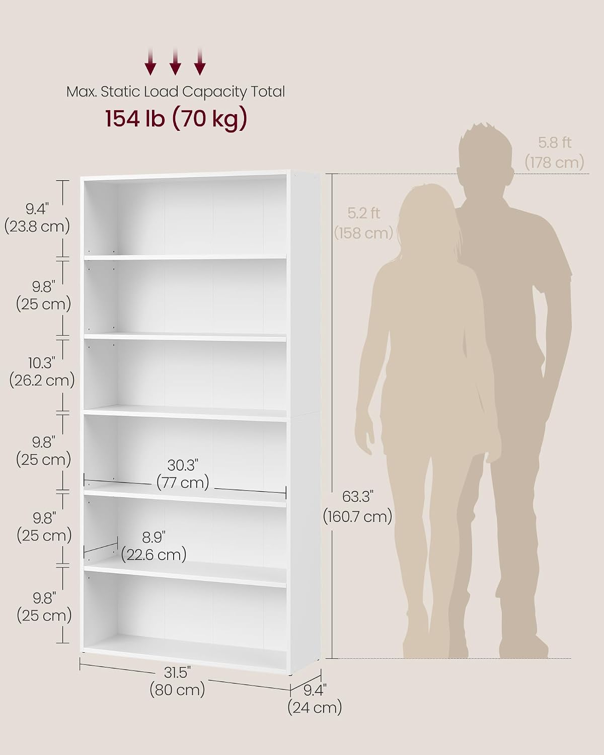 Detalle de VASAGLE Collection 6-Tier Cube Bookcase (Cloud White, 24 x 80 x 160.7 cm) CUSTOS LBC412W01
