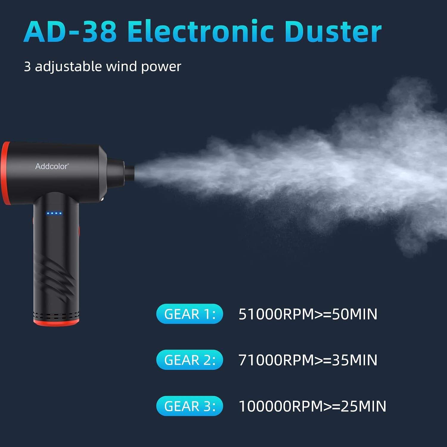 Detalle de ADD COLOR Souffleur Air Comprimé AD-38: Dépoussiérant sans fil 3 vitesses, LED et batterie 6000 mAh