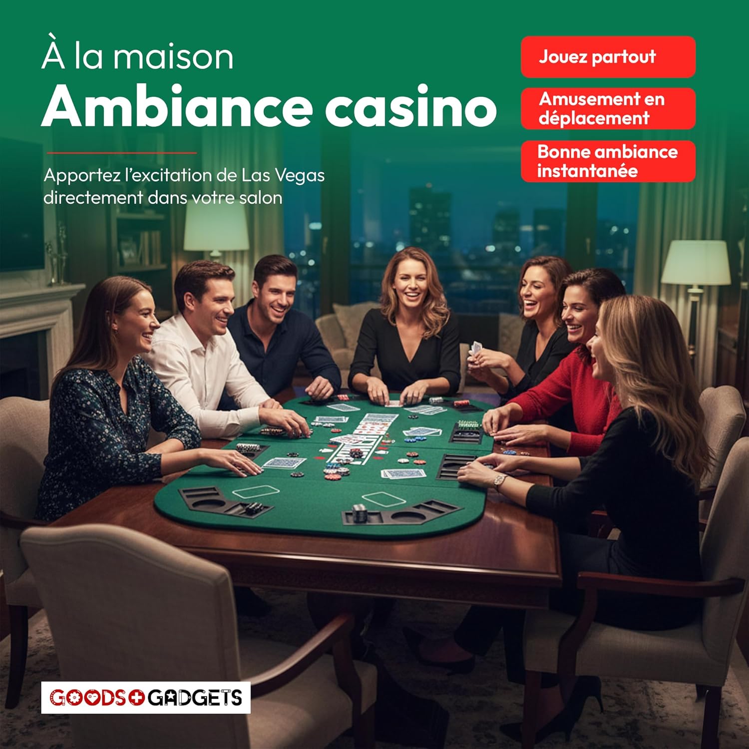 Thumbnail 3 de GOODS+GADGETS Tapis de table de poker XXL pliable en feutre (160 x 80 cm) avec 8 porte-gobelets