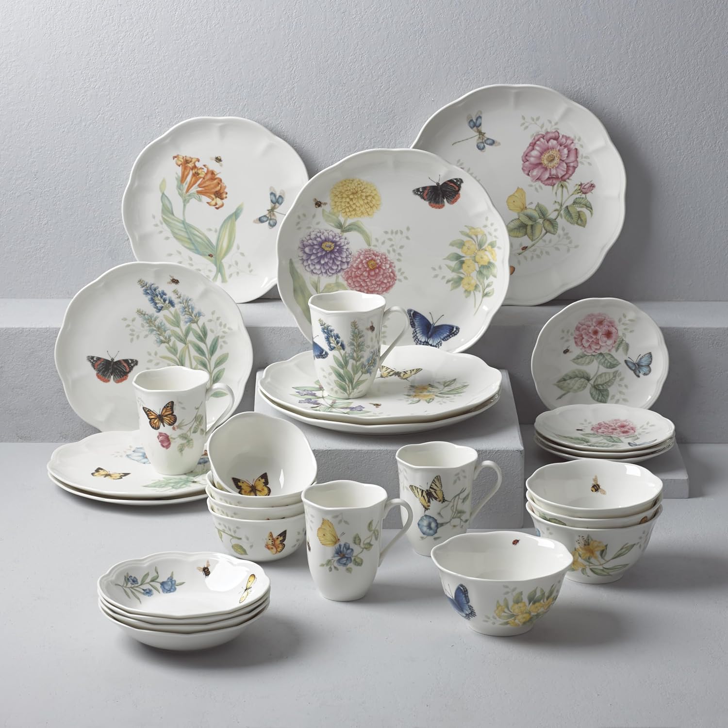 Thumbnail 2 de Lenox Butterfly Meadow 28-Piece Dinnerware Set (Service for 4) with Scalloped Porcelain Plates & Bowls
