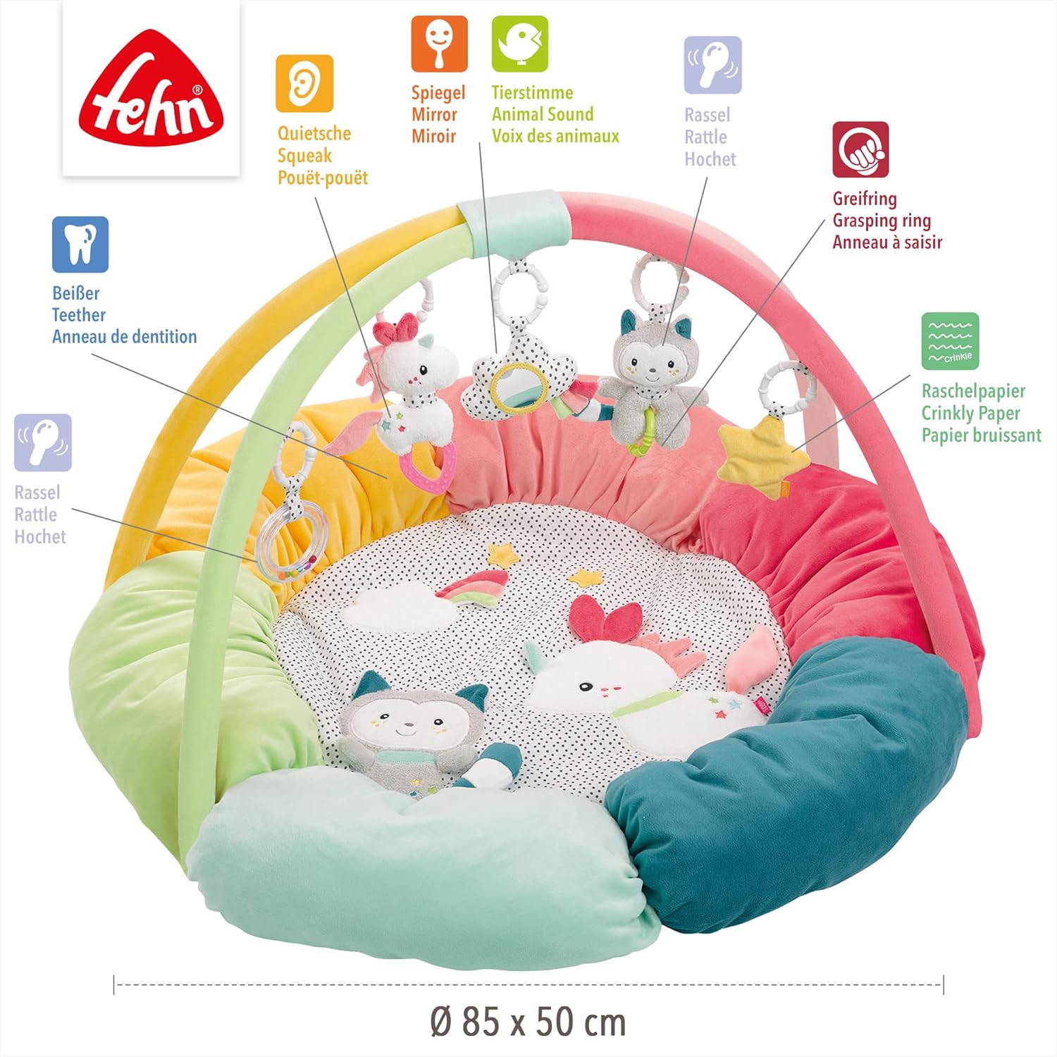Detalle de Fehn 3-D-Activity-Nest Spielbogen Aiko und Yuki – Krabbeldecke mit 5 abnehmbaren Spielzeugen (85 cm)
