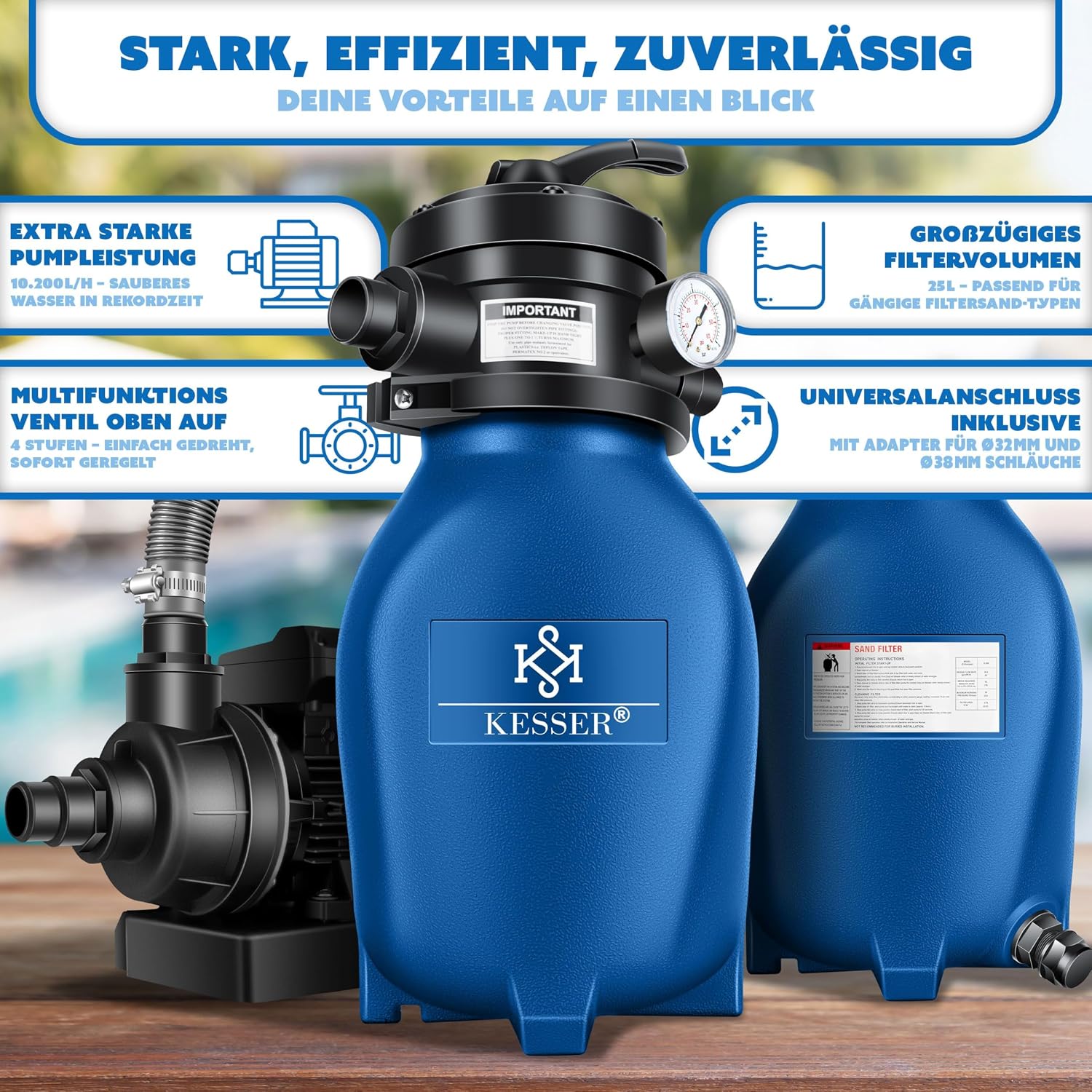 Thumbnail 6 de KESSER Sandfilteranlage mit 10.200 l/h – inklusive 800 g Filterbälle und 25 kg Filtersand, 4-Wege-Ventil, blau
