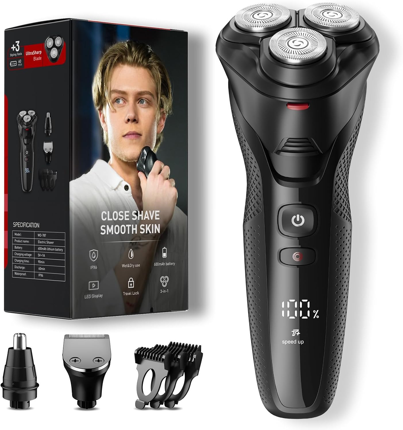 Detalle de Rategist 3-in-1 Electric Razor for Men: 4D Floating Blades, IPX7 Waterproof, USB-C Travel Kit
