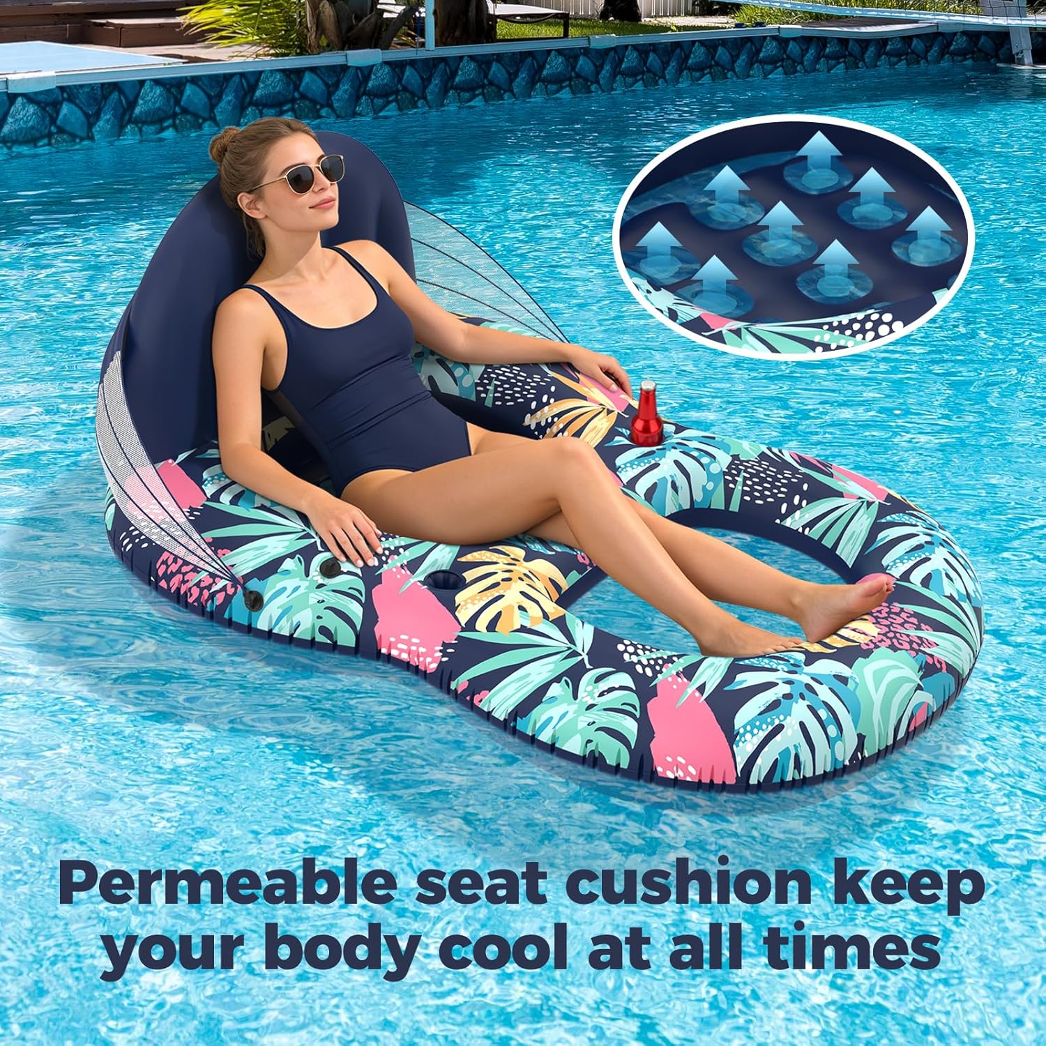 Detalle de POVRYE Pool Floats Adult with UPF 50+ Sunshade Canopy – Wide, Comfy Lounger with Cup Holders