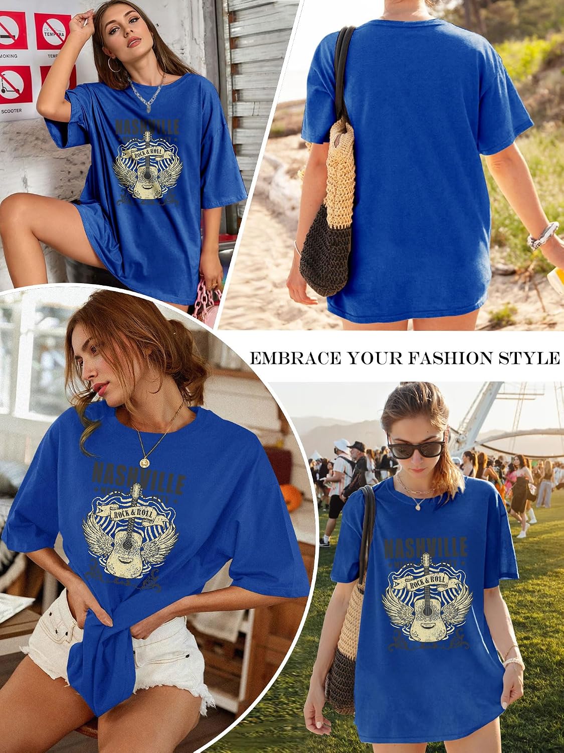 Thumbnail 1 de WIEIYM Womens Oversized Nashville Music T Shirt Rock Tee