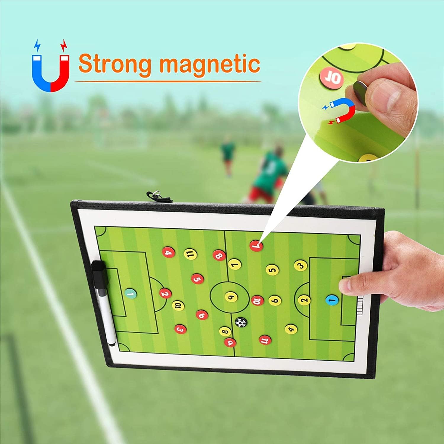 Detalle de CREADY magnetisch voetbaltrainingsbord met veld- en halfveldweergave