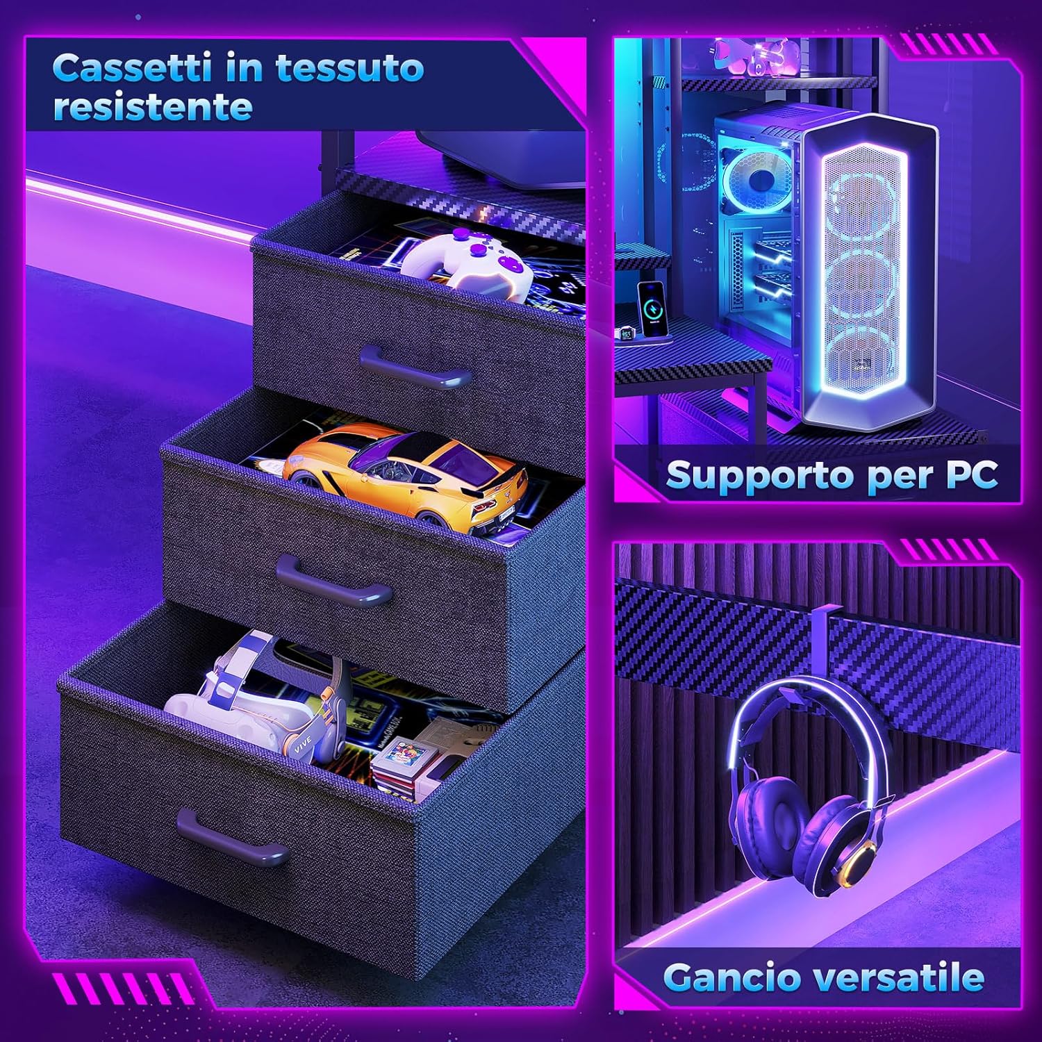 Detalle de Coleshome Scrivania Gaming con libreria e cassetti, LED e presa di corrente, 137×48 cm (nero fibra di carbonio)