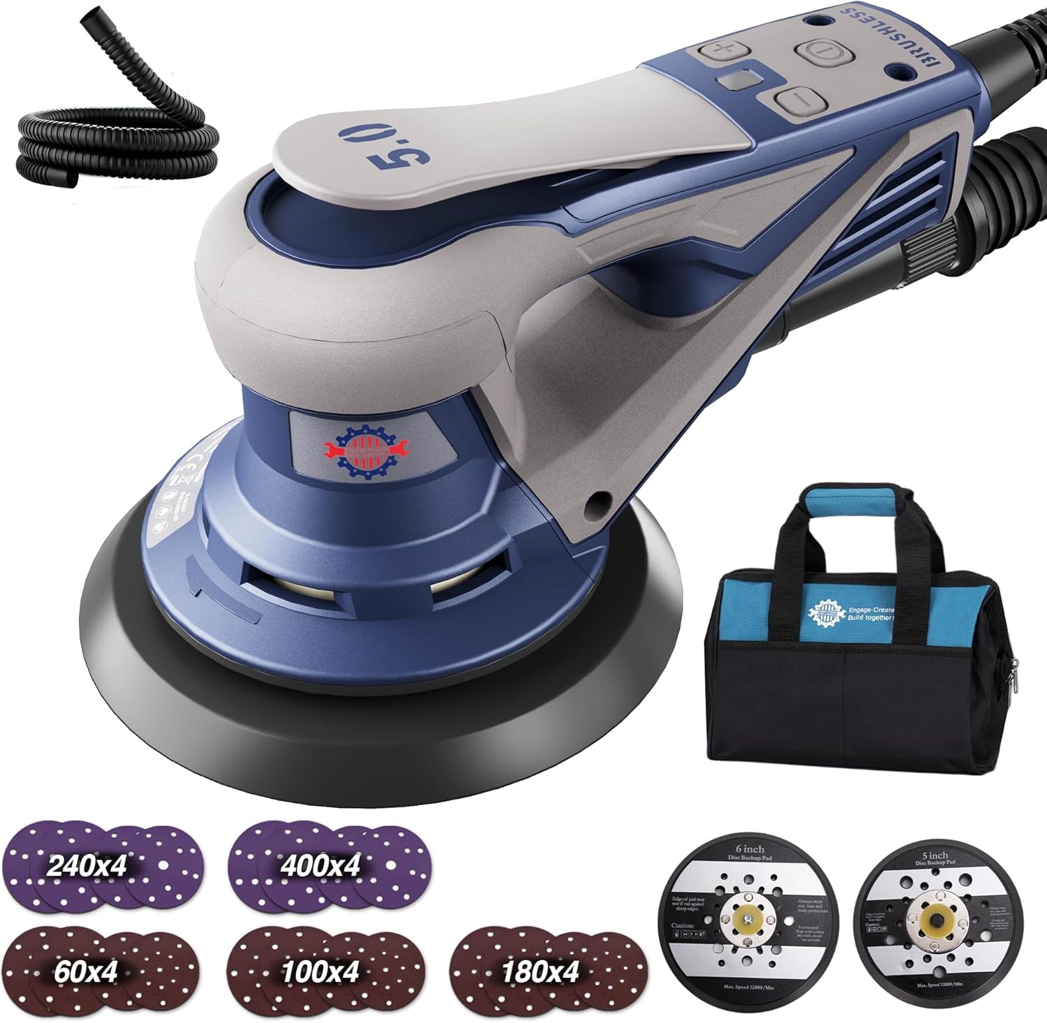 HeroJet Brushless Random Orbital Sander with 150mm/125mm Plates, 7 Speed Control and BrakeSnap stopping