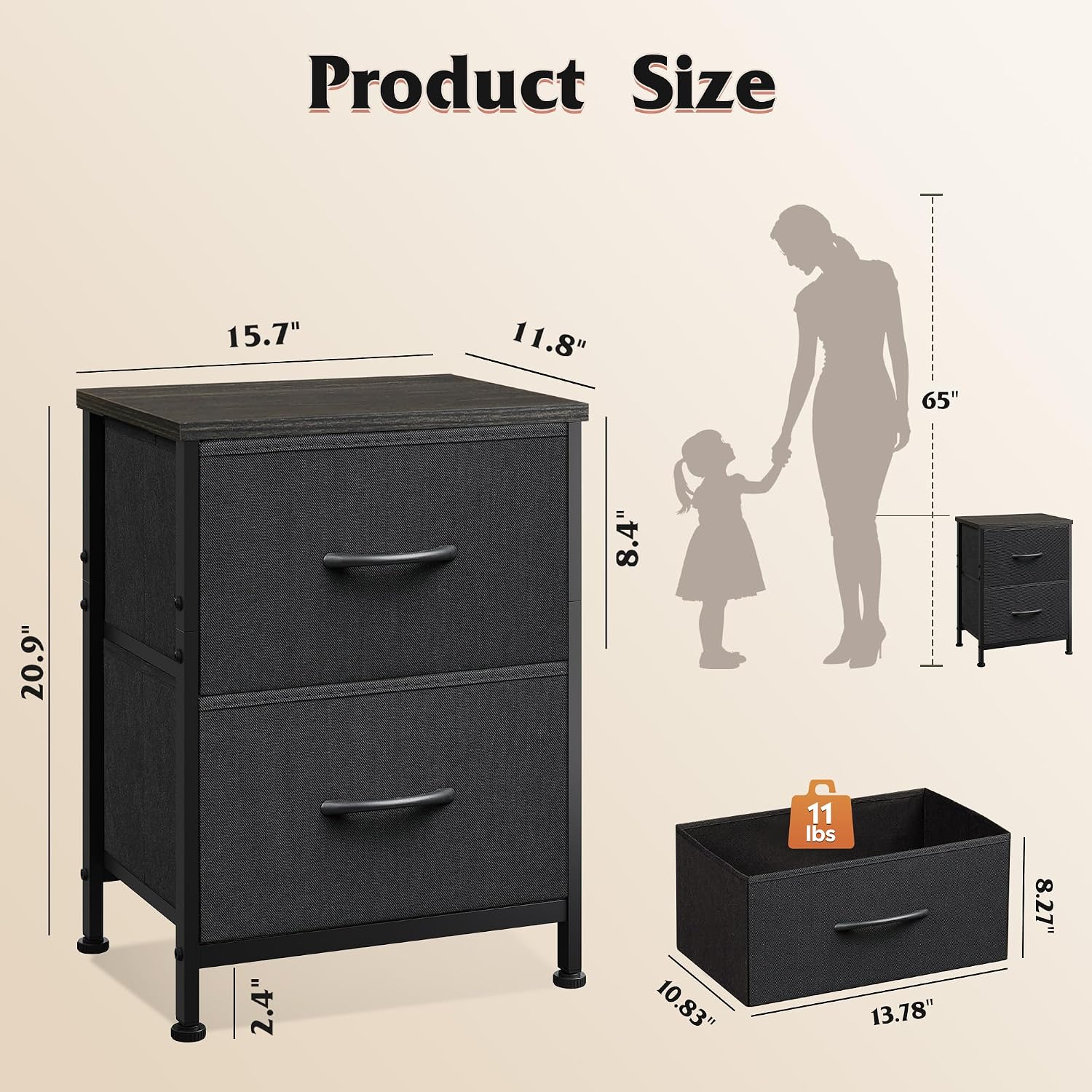 Detalle de WLIVE Black Night Stand small dresser with 2 drawers ๐