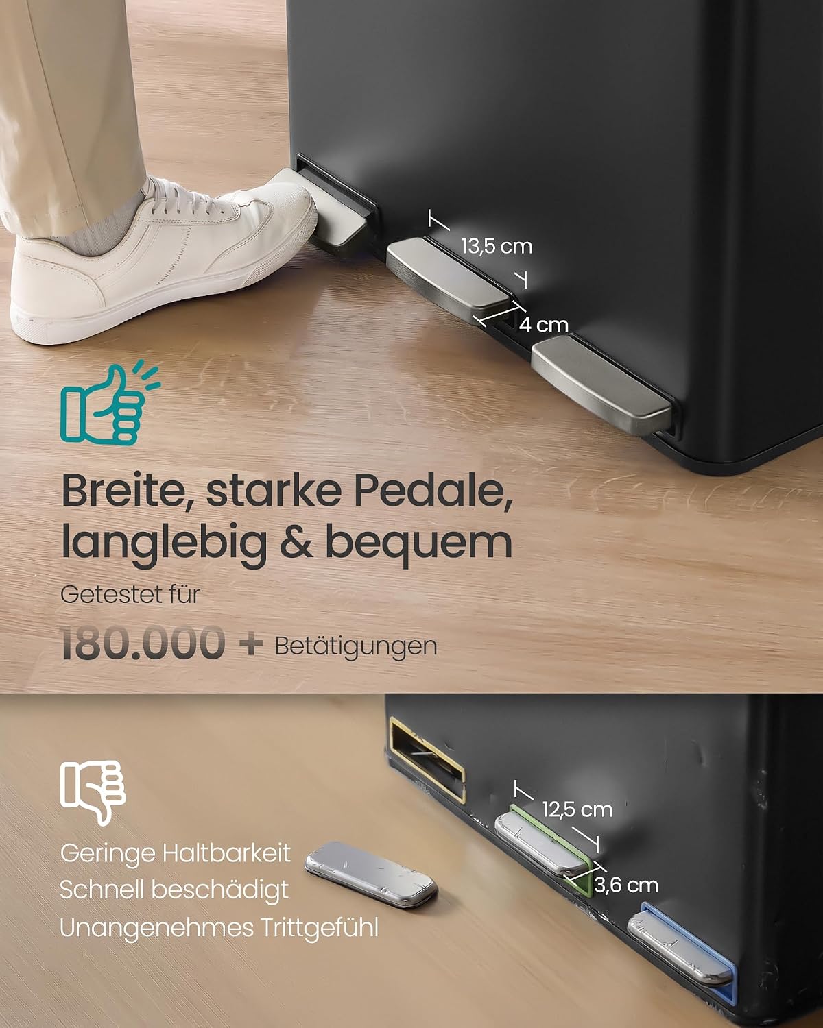 Detalle de SONGMICS Mülleimer Küche, 3 x 18 L – dreiteiliges Mülltrennsystem mit Pedal, Softclose-Lid und herausnehmbaren Inneneimern