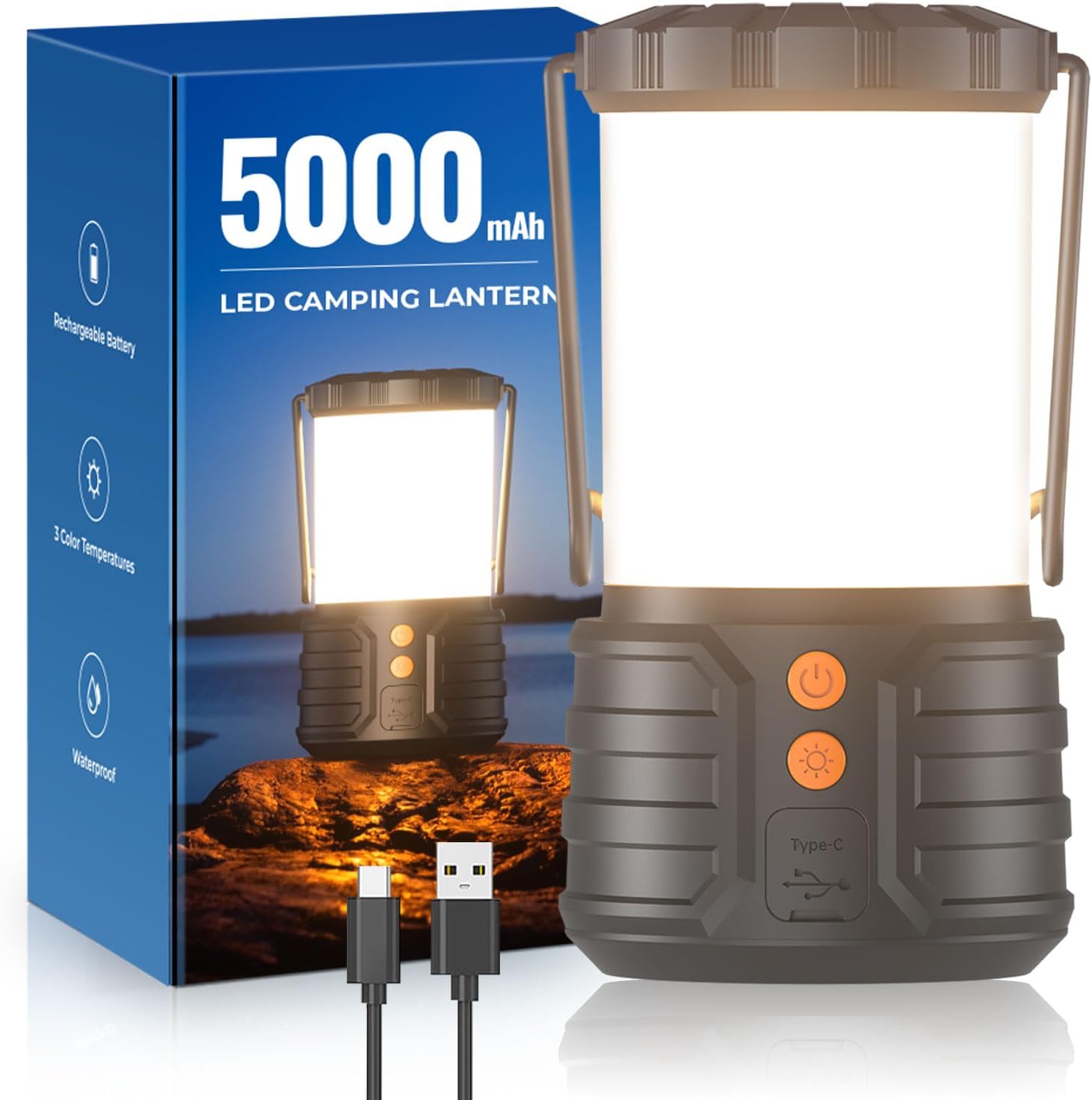 Detalle de Rechargeable LED Camping Lantern with 5000mAh Battery, 3 Colours & IPX4 Waterproof (Power Bank Design)