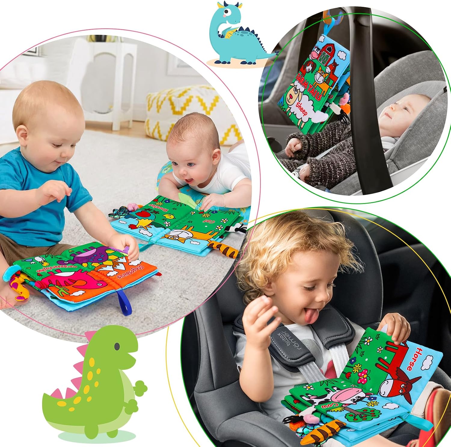 Thumbnail 6 de Thremhoo 9136A Baby Cloth Books, 2-Pack Farm & Dinosaur Sensory Toys
