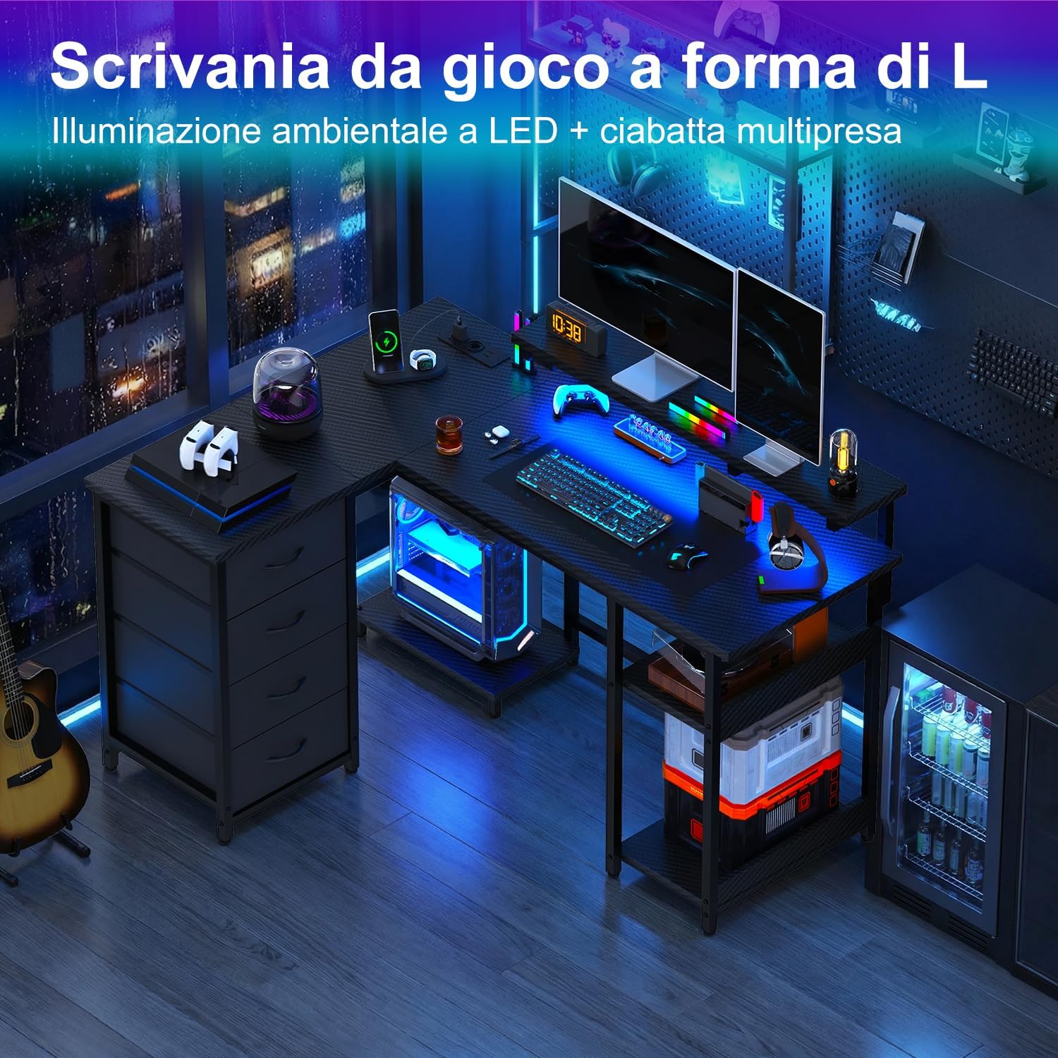 Thumbnail 2 de JUMMICO Scrivania Angolare a Forma di L 135 cm con Luci LED – Nero