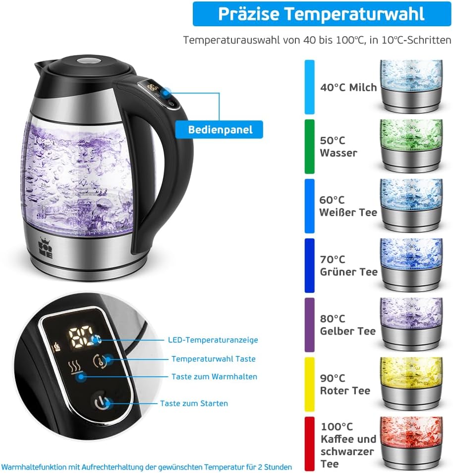 Thumbnail 1 de FOR ME Glas-Elektrischer Wasserkocher 1,8 l mit Temperaturwahl (40–100 °C) & Warmhaltefunktion