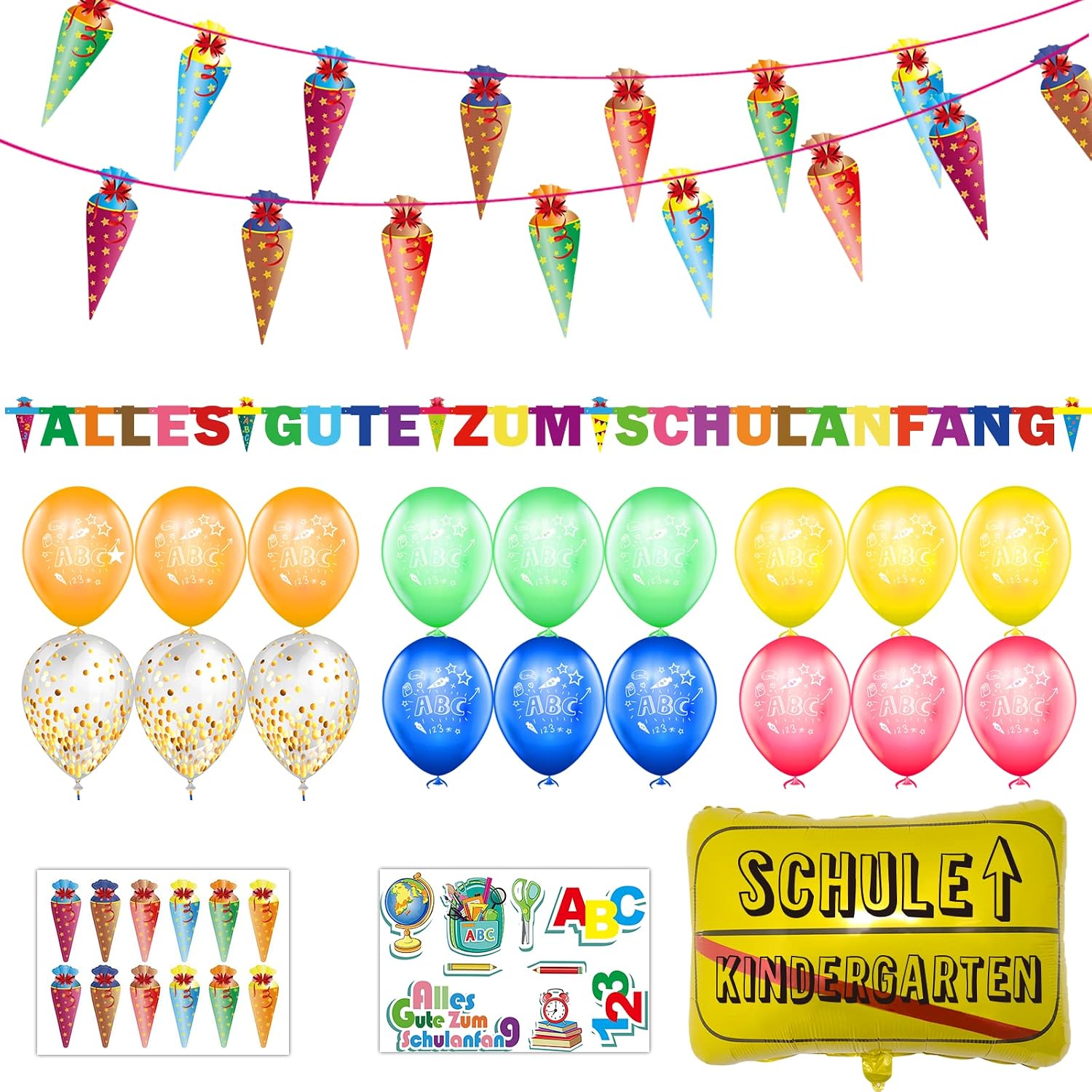 Detalle 2 de Einschulung Deko-Set: Alles Gute Zum Schulanfang mit Banner, Girlande und Ballons – inklusive ABC/123 Motiven