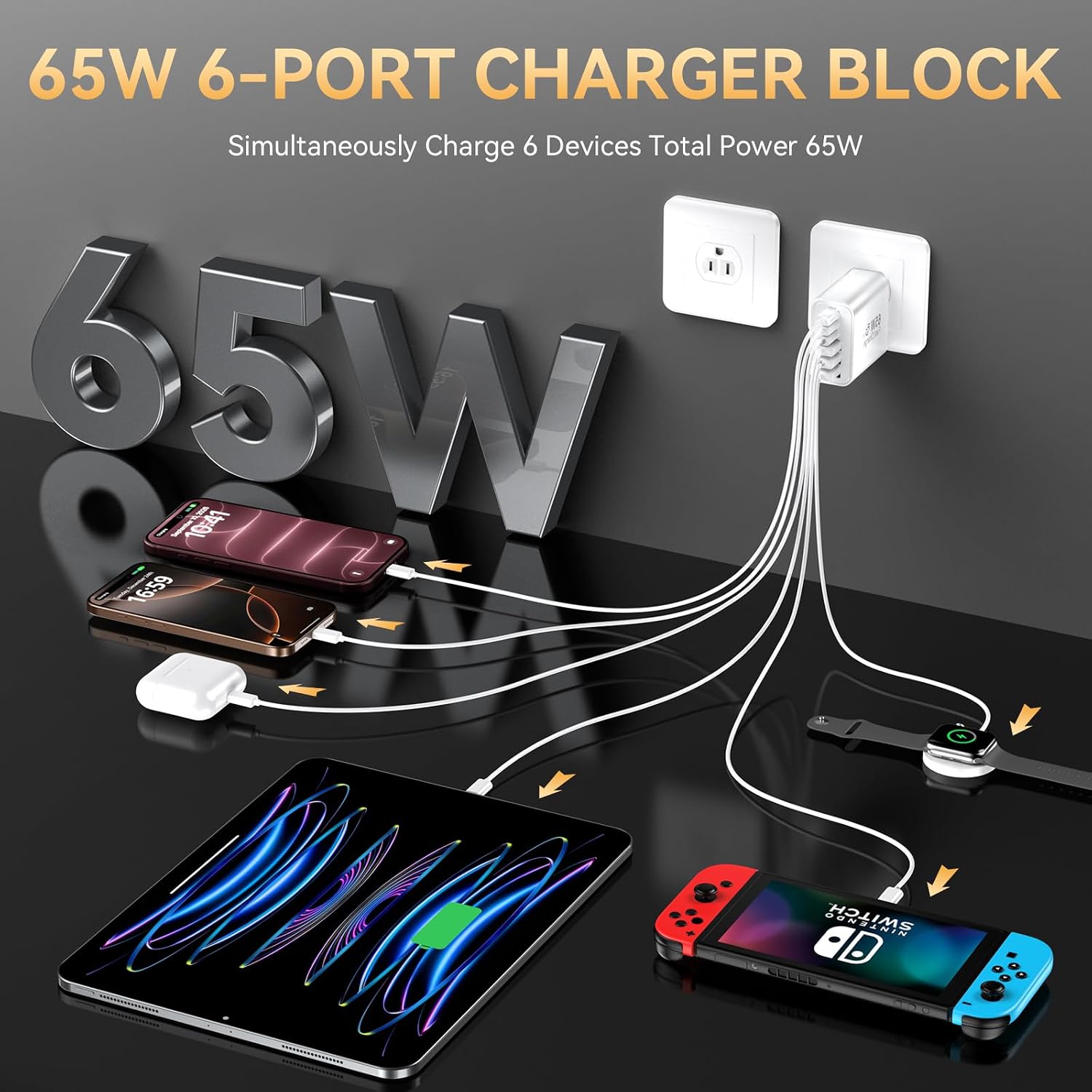 Thumbnail 1 de Bustuny 65W 6-Port USB-C Fast Charger Block (2-Pack) – PD & QC Power Hub for iPhone and iPad