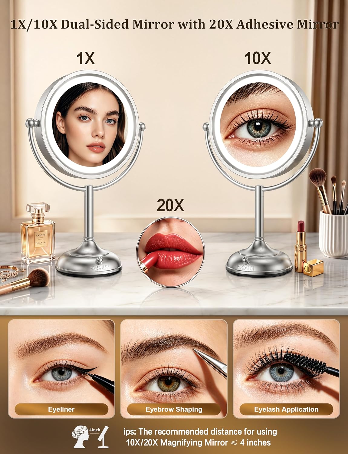 Thumbnail 1 de VESAUR 2026 Upgraded Lighted Makeup Mirror (9") with 1X/10X/20X Magnification, 3 Light Modes