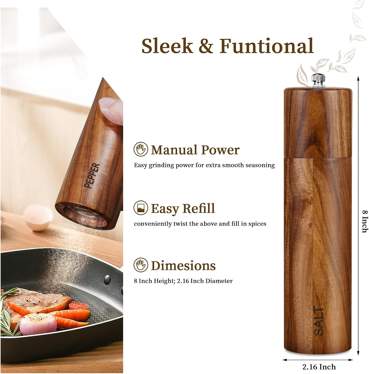 Detalle de Haomacro Acacia Wood Salt and Pepper Grinder Set, 8-Inch, Refillable