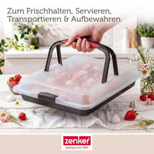 Detalle de Zenker Blechkuchen-Container to go – Backblech mit Transport-Abdeckung, antihaftbeschichtet, 42×29×7,5 cm