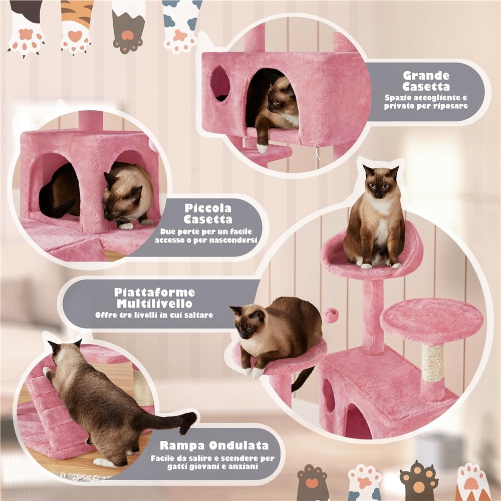 Detalle de Yaheetech Albero tiragraffi per gatti da 137 cm con 2 casette e 2 palline in peluche (sisal naturale) rosa