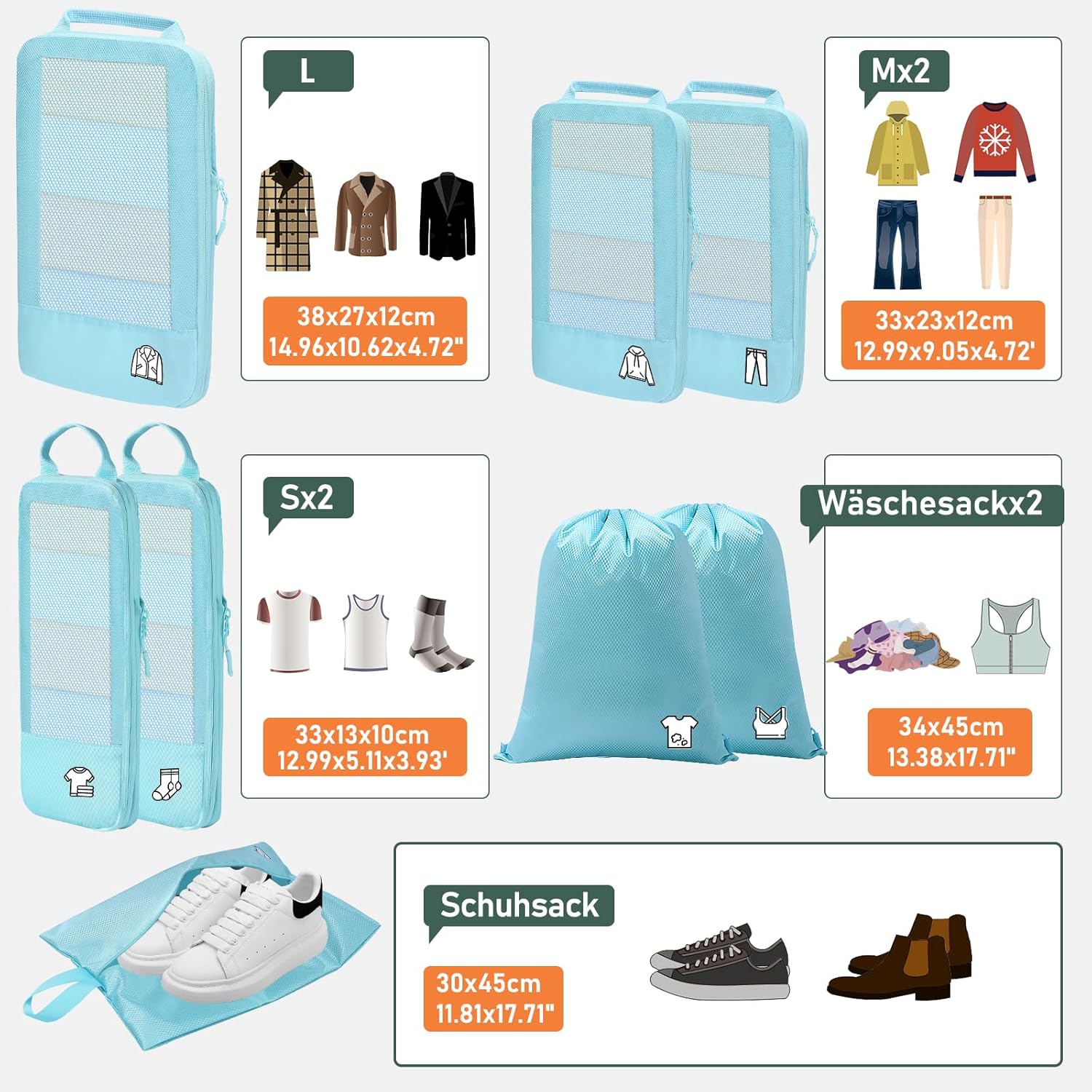 Detalle 2 de 8-teilige Compression Packing Cubes – Hellblau, Koffer Organizer für Reisen