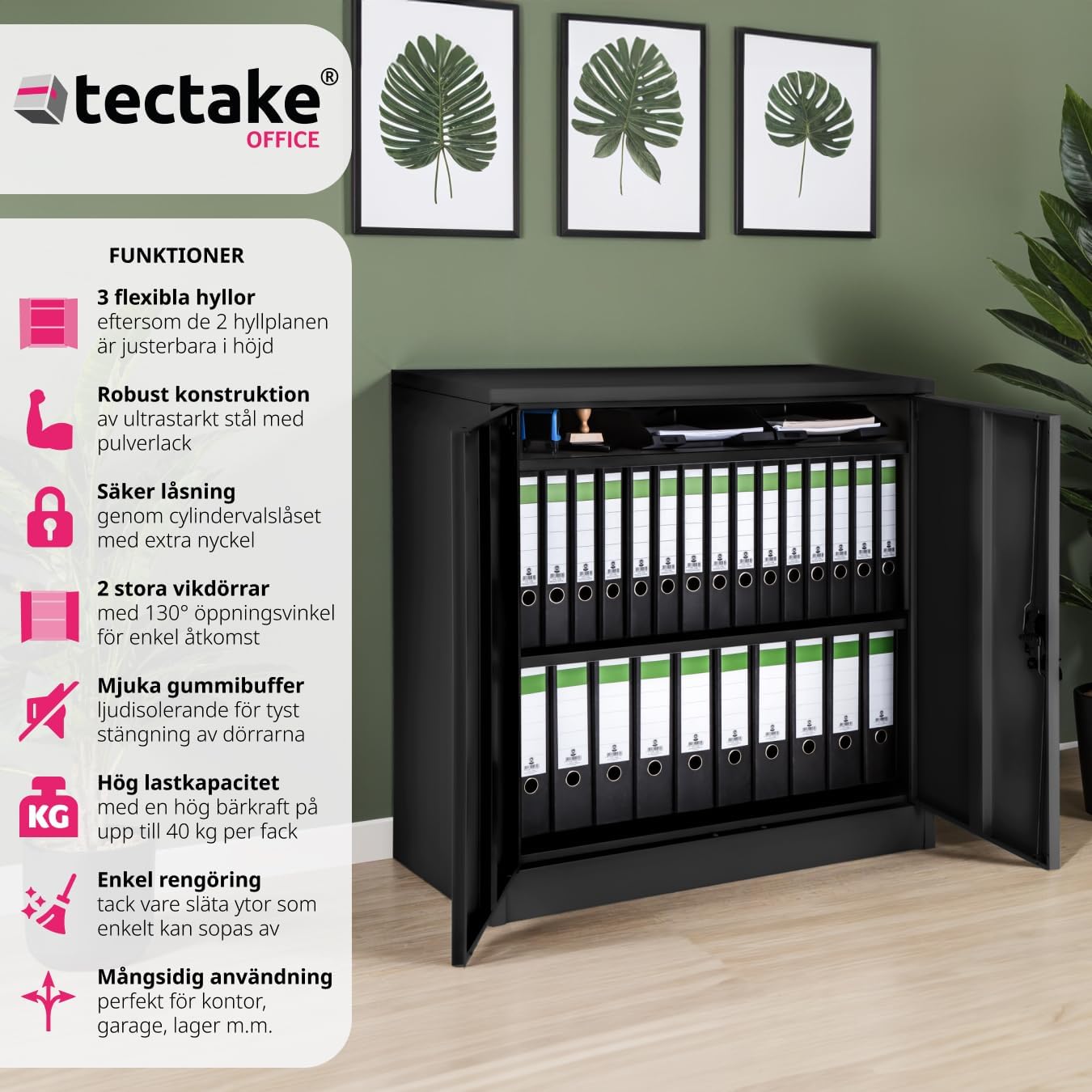Detalle de tectake 402941-SE låsbart dokumentskåp med tre fack i svart stål