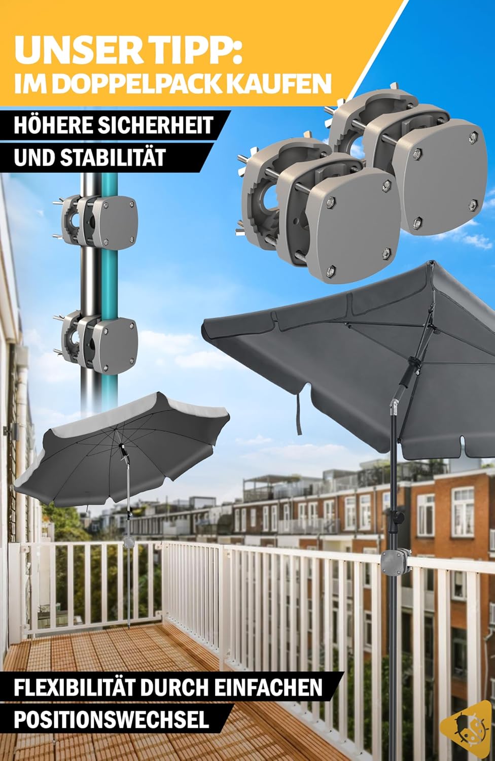 Thumbnail 5 de Menz Sonnenschirmhalter Balkongeländer SunnyBoy – kompakte Schirmhalterung für runde & eckige Geländer, flexibel montierbar (Grau)