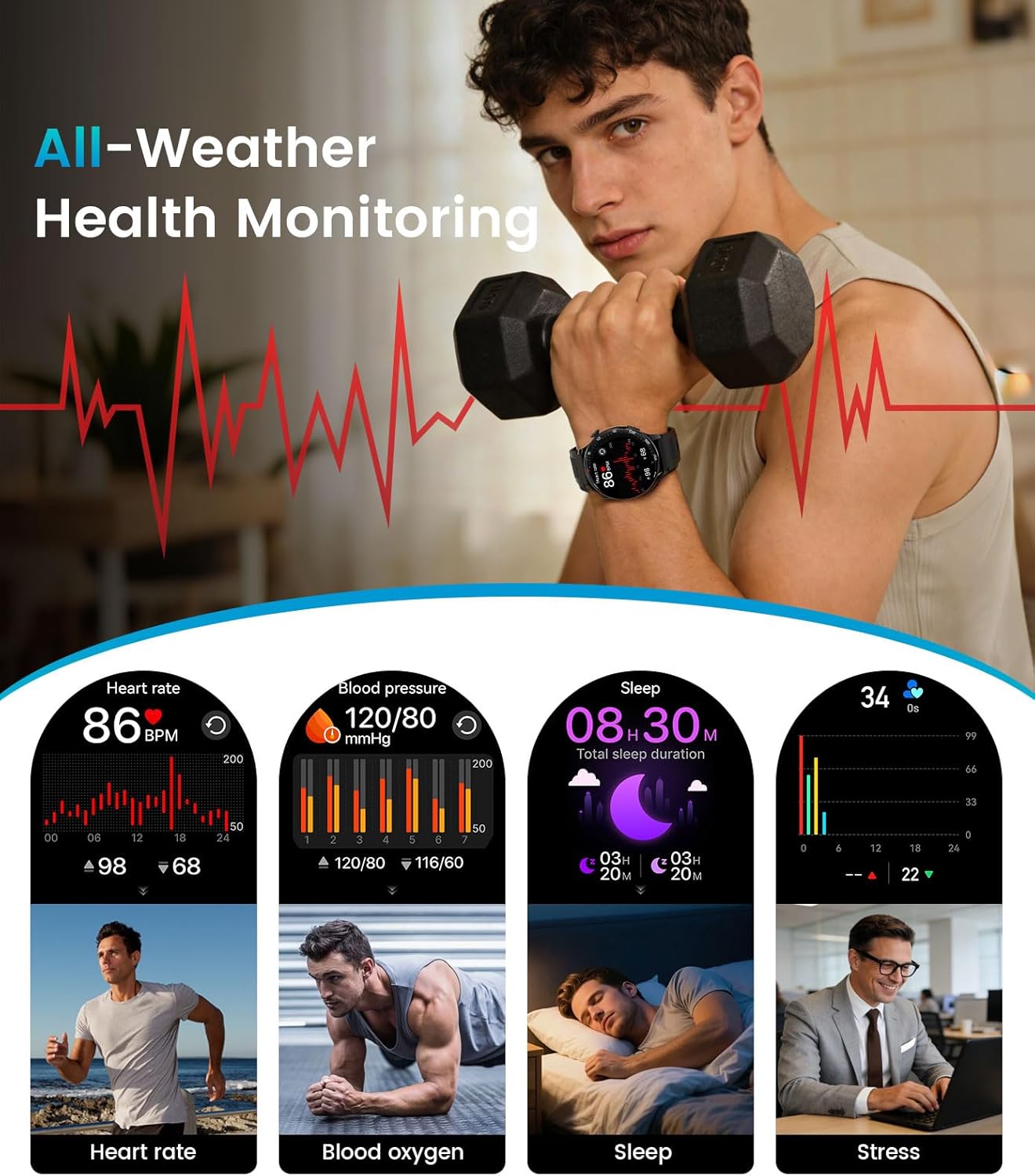 Detalle 2 de Montre connectée homme 1,7" HD avec appel Bluetooth, capteur cardio et écran tactile