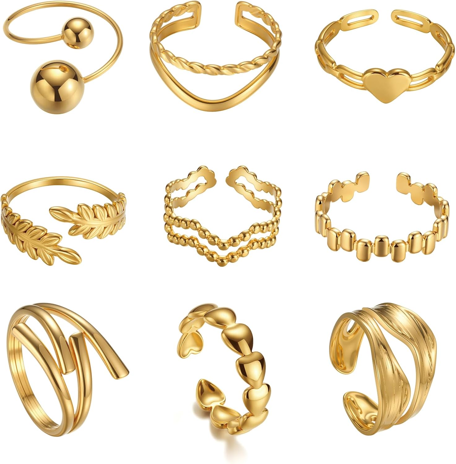 Detalle de TIZU 9-teiliges Damen-Ring-Set „Gold“ aus Edelstahl, 18K Goldplattierung, verstellbar & wasserfest
