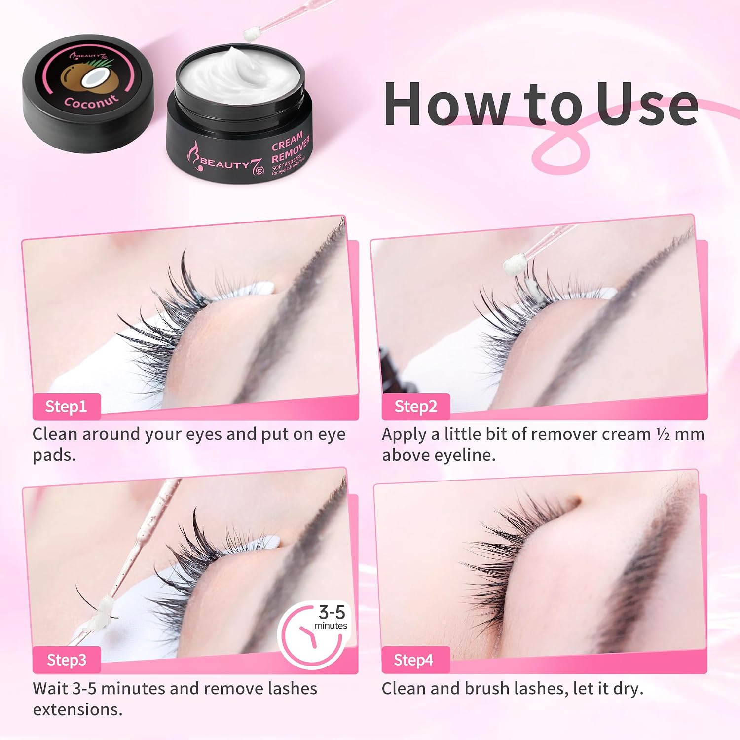 Detalle de Beauty7 Wimpernkleber Entferner Cream – Sanfte Entfernung von Wimpernverlängerungen (5 g, Duft Kokosnuss)