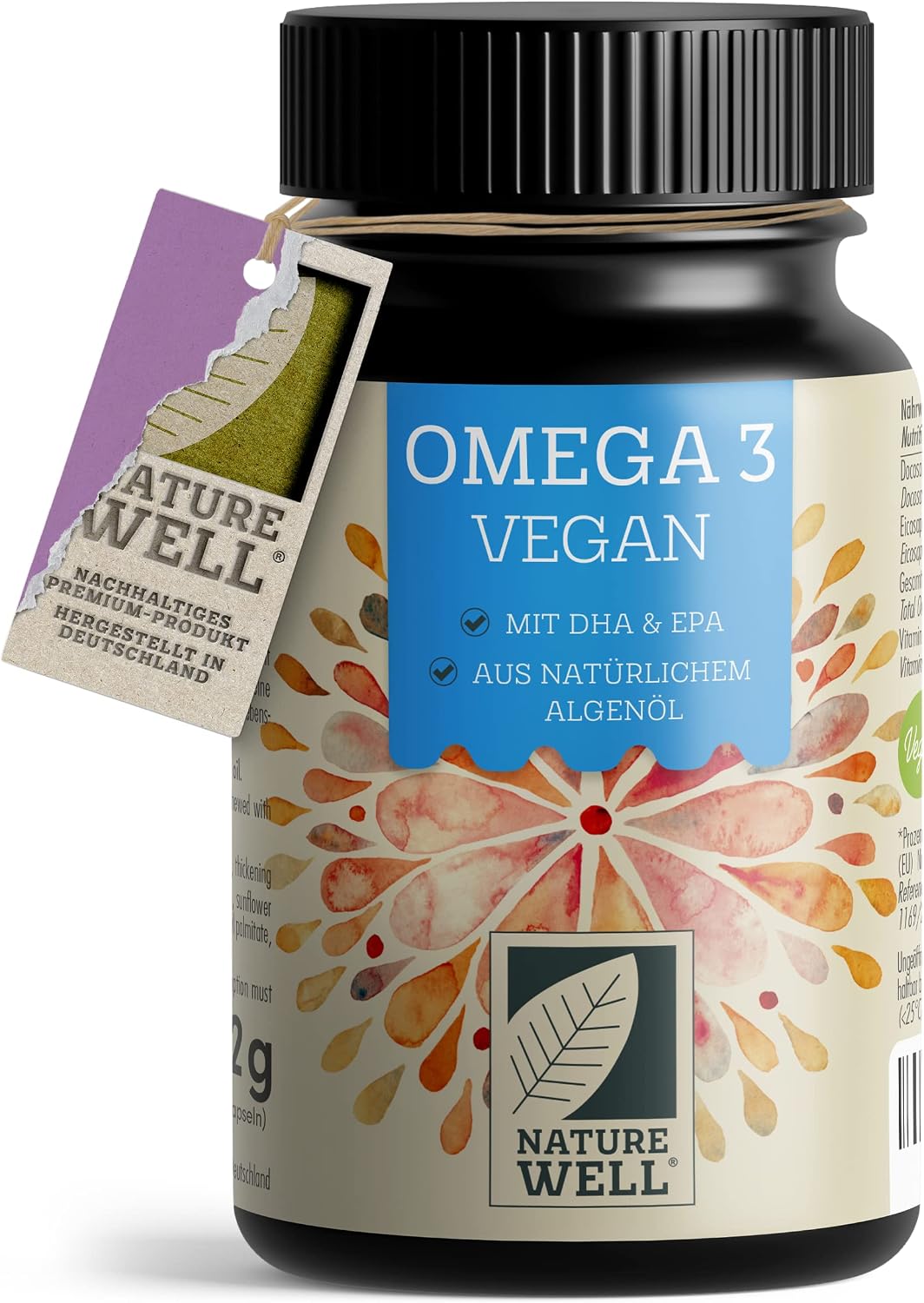 Detalle de Omega-3 Vegan von NatureWell: 60 hochdosierte Kapseln mit Algenöl (DHA & EPA)