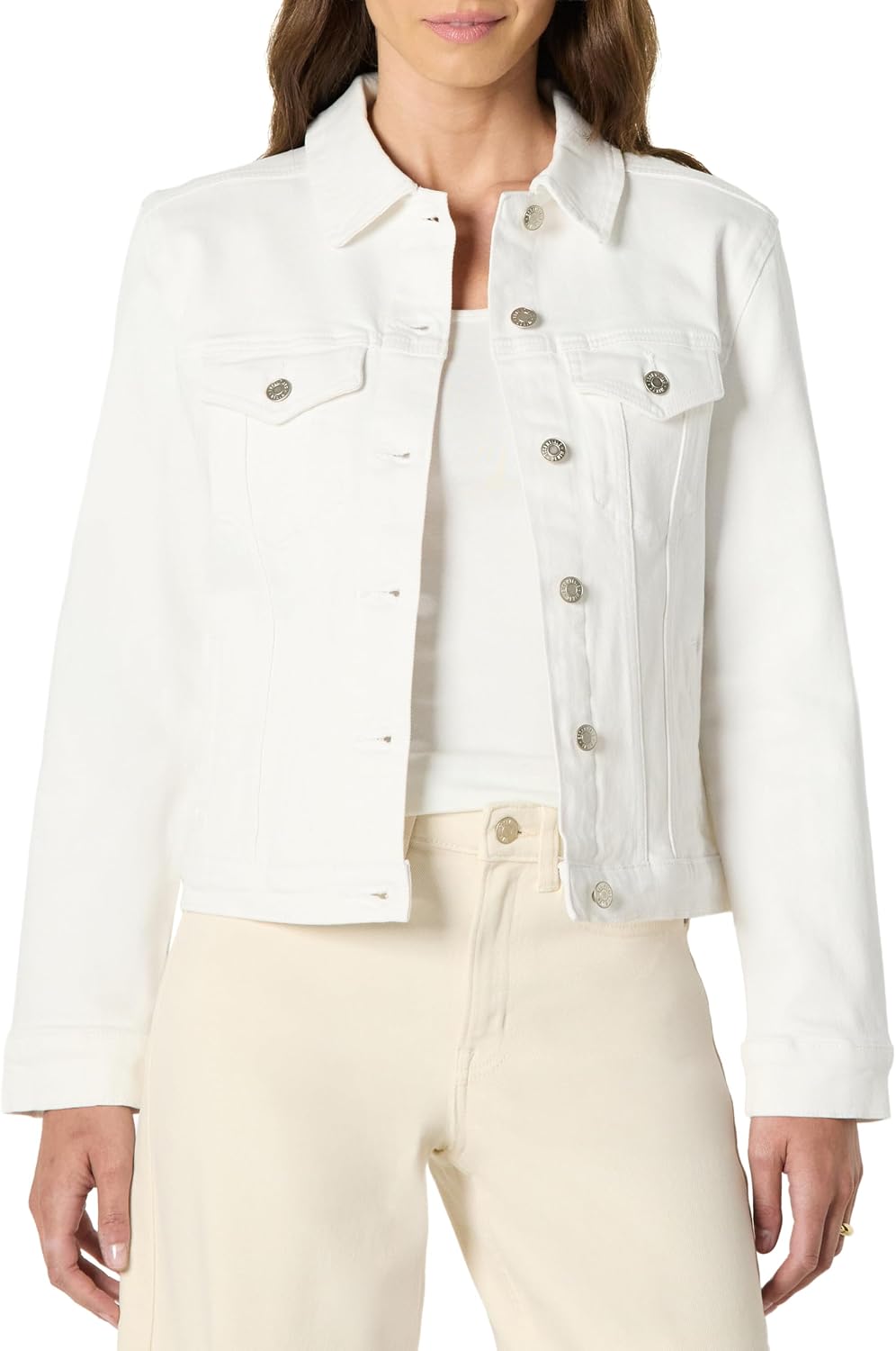 Detalle de Amazon Essentials Women’s Regular-Fit Low Stretch Denim Button-Front Trucker Jacket