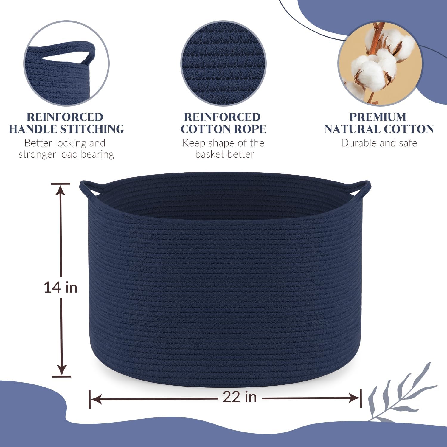 Detalle de Maliton faltbarer Aufbewahrungskorb für Kleidung & Bettwäsche (D50 x H33 cm) mit 4 Taschen – Baumwollseil, Marineblau