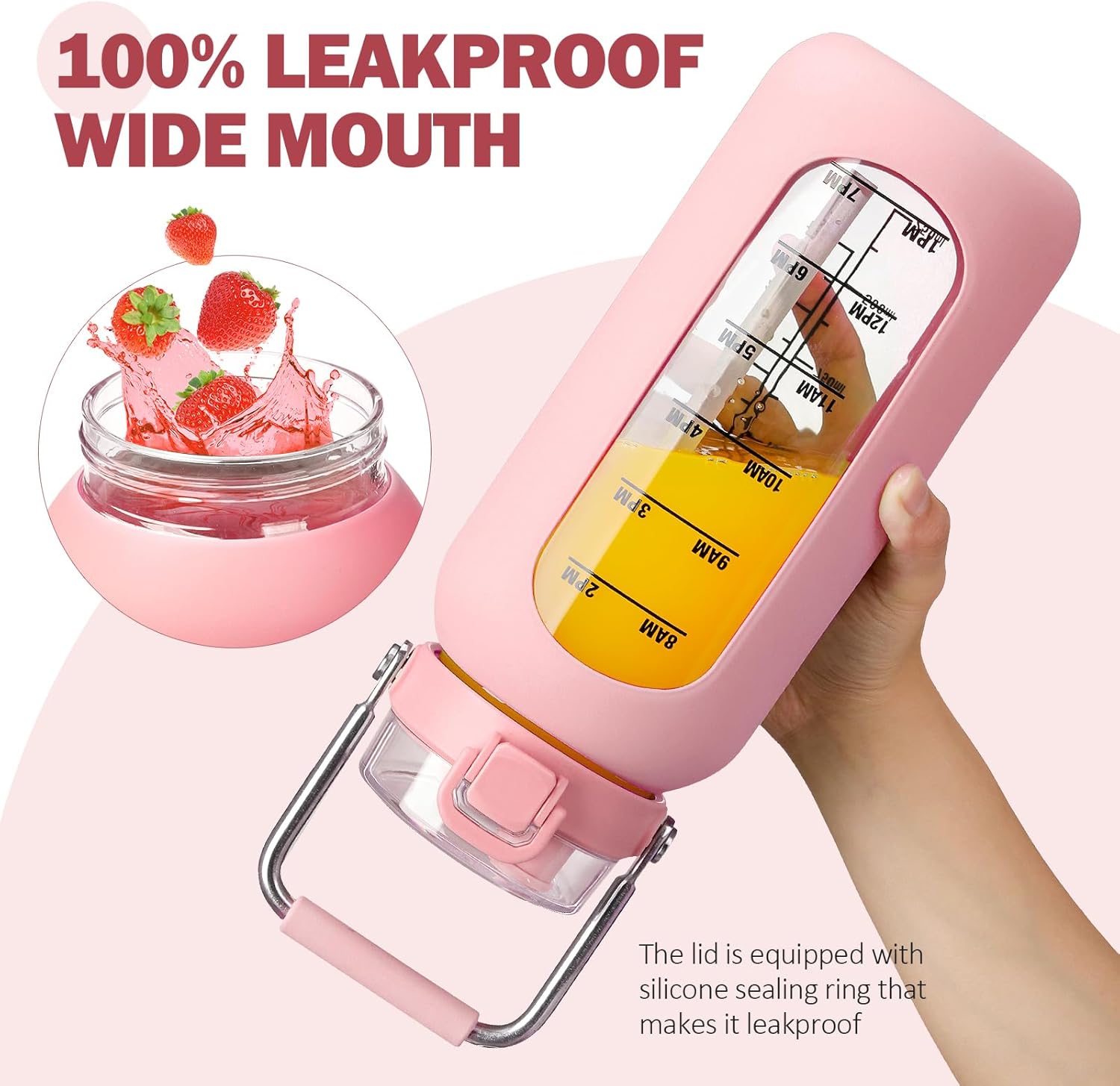 Thumbnail 3 de BLUEGO 2000ml Borosilicate Glass Water Bottle with Stainless Handle, Time Marker and Straw (Pink)