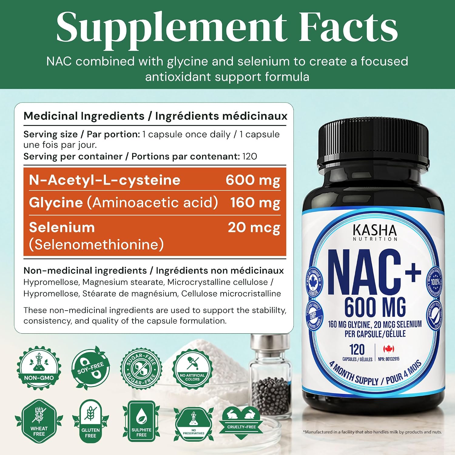 Detalle 1 de KASHA NUTRITION NAC 600 mg Capsules with Glycine & Selenium, 120 Count