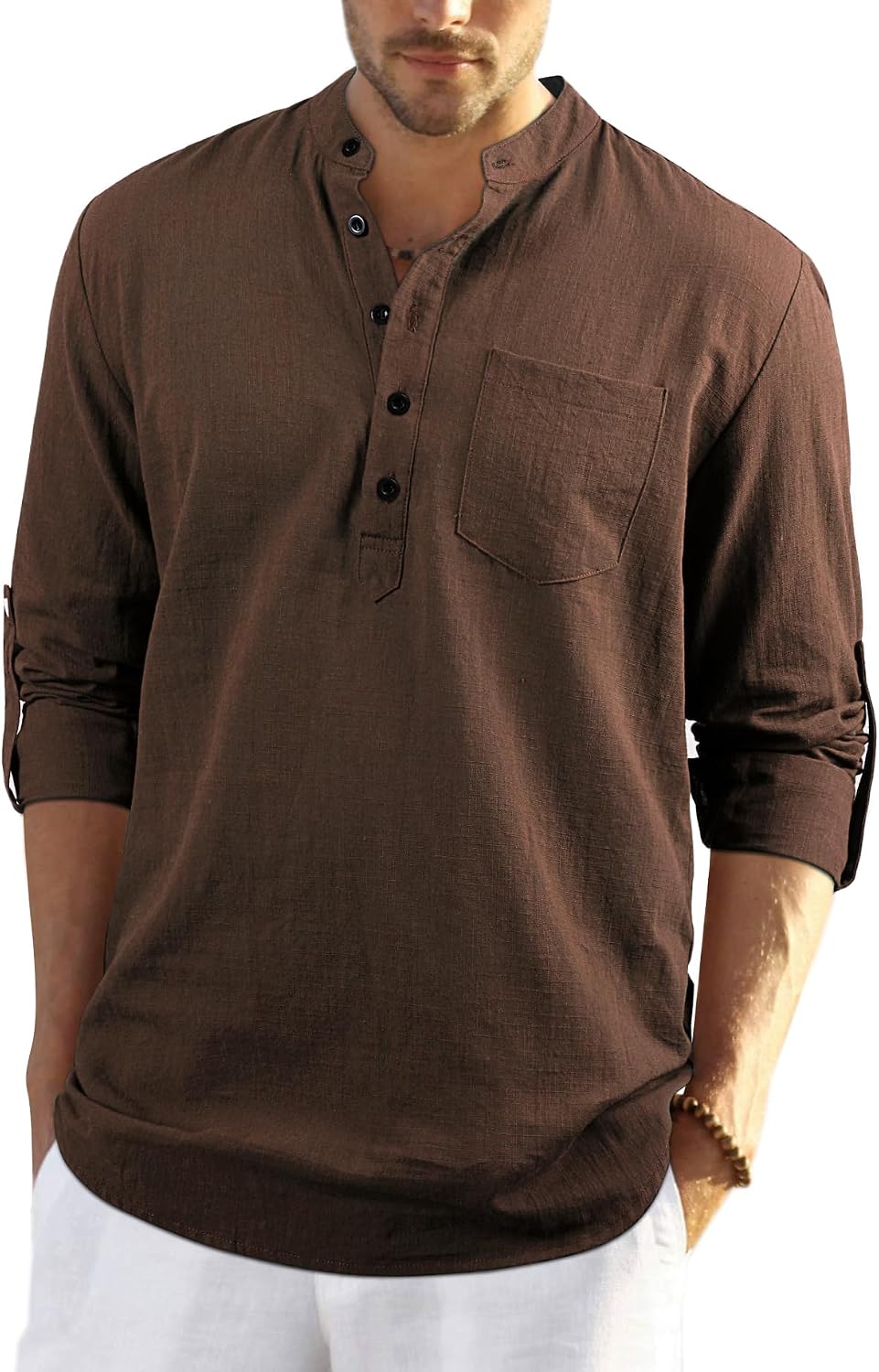 Thumbnail 5 de Enlision Mens Casual Cotton Linen Shirt Long Sleeve Button Down Summer Lightweight Henley Shirt Tops