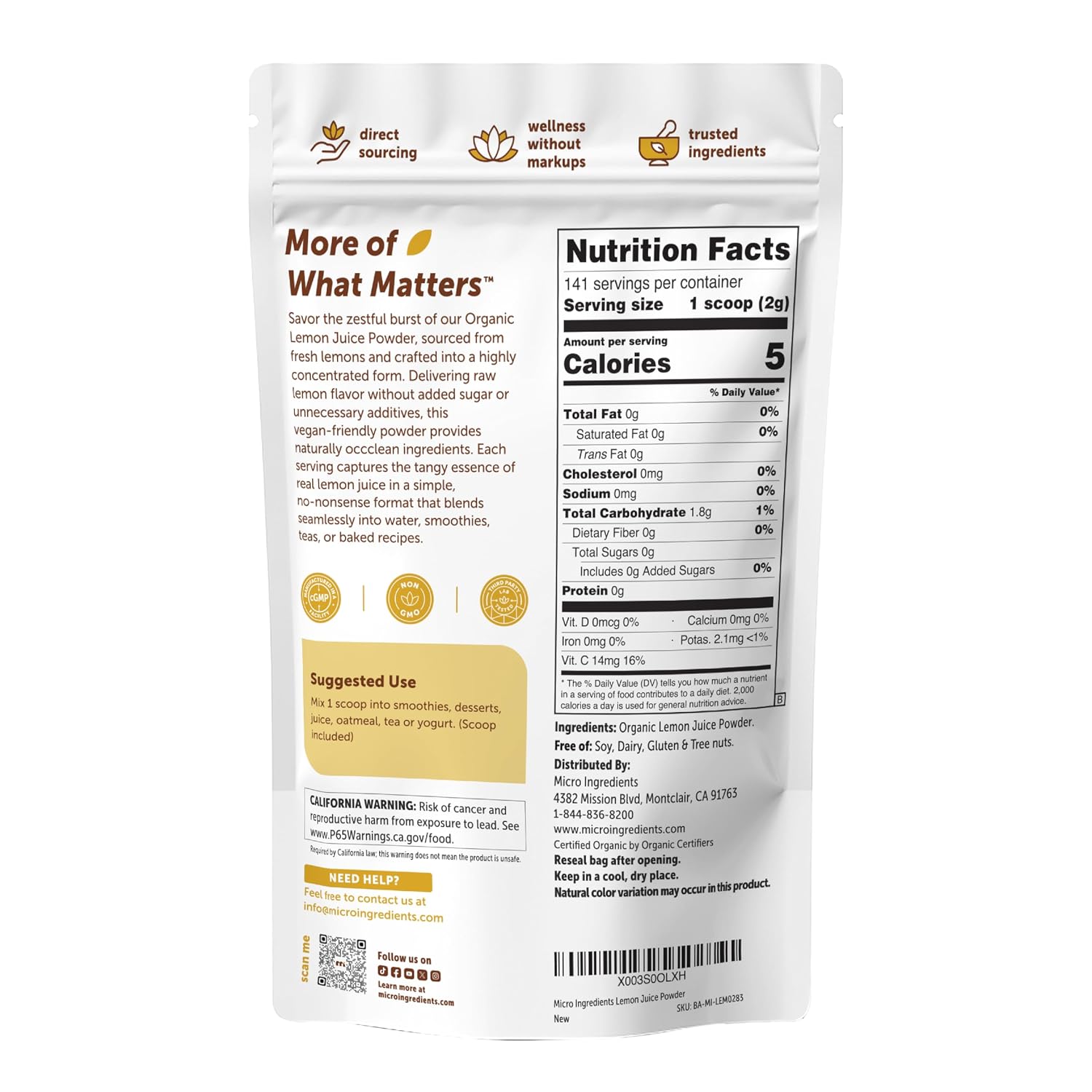 Detalle 2 de Micro Ingredients SPB-Parent Organic Lemon Juice Powder, 10 oz, No Sugar or Additives
